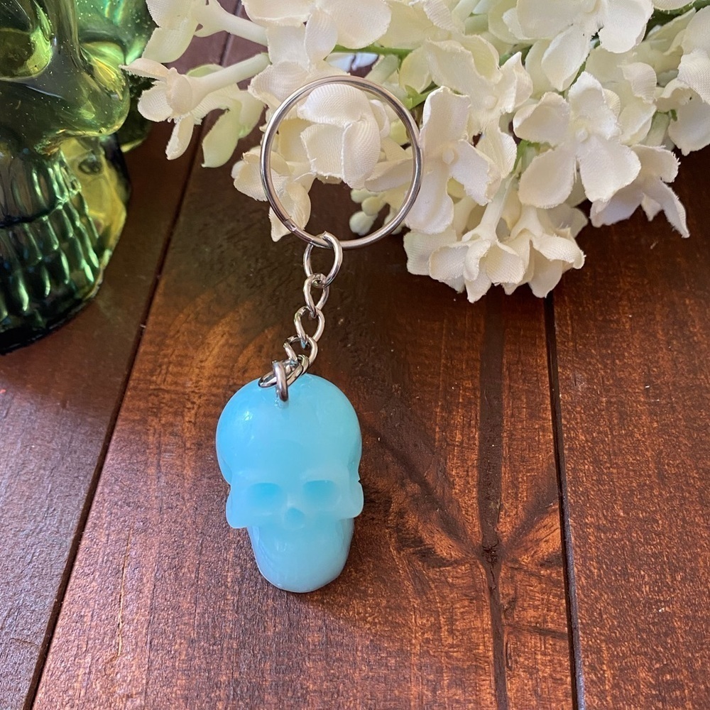 Handcrafted Resin Milky Light Blue Skull 3” Keychain Gothic Backpack Bag Charm - Picture 2 of 8